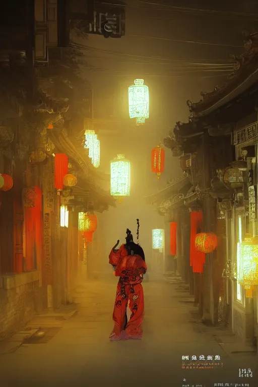 Image similar to on the night of the chinese new year's day, many chinese ghosts wander in the ancient chinese streets. the guiding line composition method, the tindal effect, the soft light, the cool color, by wu jinyuan, trending on artstation