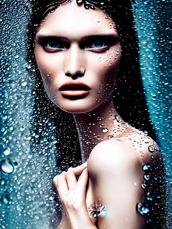 Image similar to fuji pro 4 0 0 h photo of a beautiful woman bianca balti style 3 / 4, hair surrounded by drops of water in style of zhang jingna, 5 0 mm lens, f 1. 2, elegant, highly detailed, sharp focus, head in focus, soft blur light, matt dreamy colours, volumetric lighting, hyper realistic, ultra detailed