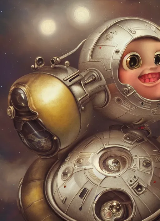 Image similar to highly detailed closeup portrait of a cute tin toy retro saucer spaceship, nicoletta ceccoli, mark ryden, lostfish, earl nore, hyung tae, frank frazetta, global illumination, god rays, detailed and intricate environment