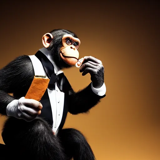 Prompt: A chimp wearing a tuxedo, smoking a cigar, holding cash. GTA style, dark background, studio lighting