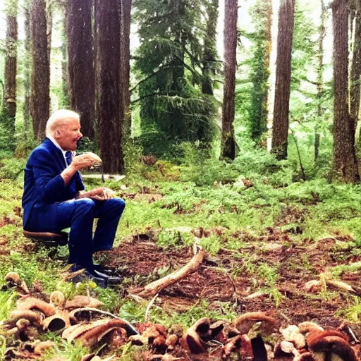 Image similar to joe biden eating mushrooms in the forest