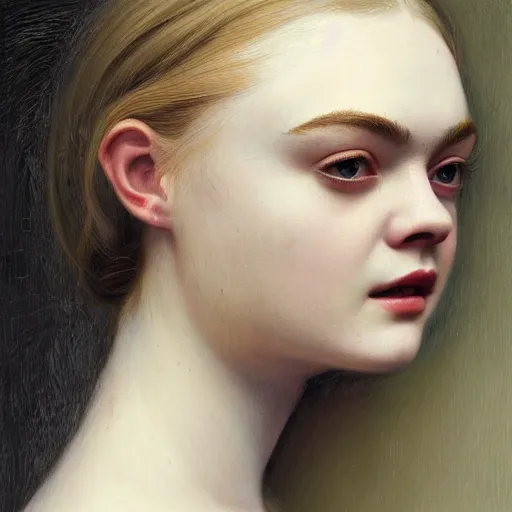 Image similar to professional painting of Elle Fanning in the style of Dino Valls and Craig Mullins, head and shoulders portrait, symmetrical facial features, smooth, sharp focus, illustration, intricate, stormy weather, extremely detailed masterpiece,