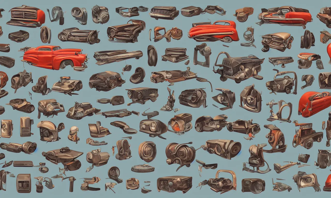 Prompt: game asset sheet, material study, 2 d sprite, kitschy art deco era designs, car parts including radios and tires by famous surreal artist