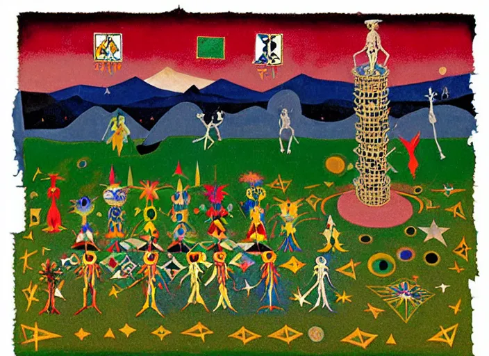 Image similar to pixel decollage painting tarot lovers card composition tower of babel road red armor wonky alien frog and maggot vampire clown knight on a skeleton pale horse in a dark green cloudy night sky with golden foil jewish stars and diamonds, mountain lake and blossoming field in background, painted by Mark Rothko, Helen Frankenthaler, Danny Fox and Hilma af Klint, pixelated, neo expressionism, semi naive, pastel colors, cinematic, color field painting, cave painting, voxel, pop art look, outsider art, minimalistic. Bill Traylor painting, part by Philip Guston, Amano and Francis Bacon. art by Adrian Ghenie and Storm Thorgerson, very coherent symmetrical artwork, cinematic, hyper realism, high detail, octane render, unreal engine, Smooth gradients, depth of field, full body character drawing, extremely detailed, 8k, extreme detail, intricate detail, masterpiece