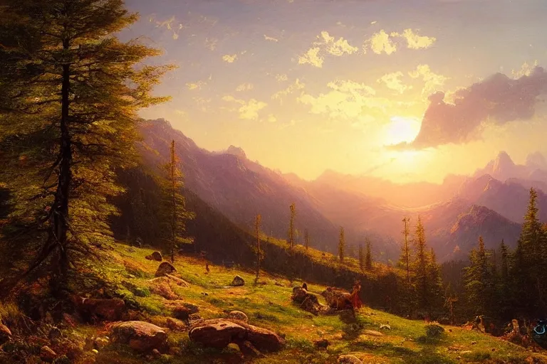 Image similar to mountains, clouds, trees, sunset, beautiful nature, hyperdetailed, focused, cinematic lighting, oil painting, colorful, canvas, artstation, Albert Bierstadt, Hans Dahl, Theodor Kittelsen, Hermann Hendrich, Konstantin Yakovlevich Kryzhitsky