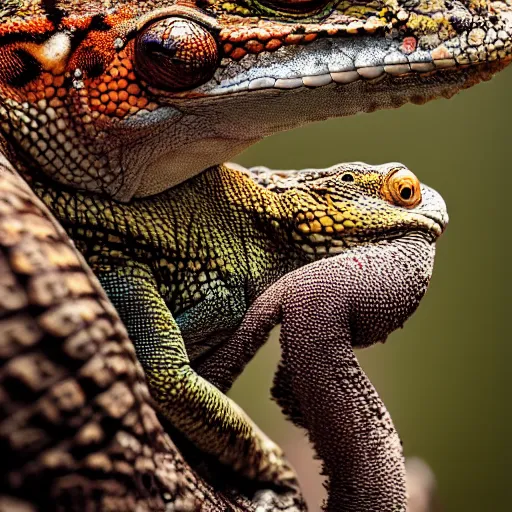 Prompt: An award winning photo of a single Tokay crocodile chameleon sitting on an elephant, environmental portrait, wildlife photography, National Geographic, 4k