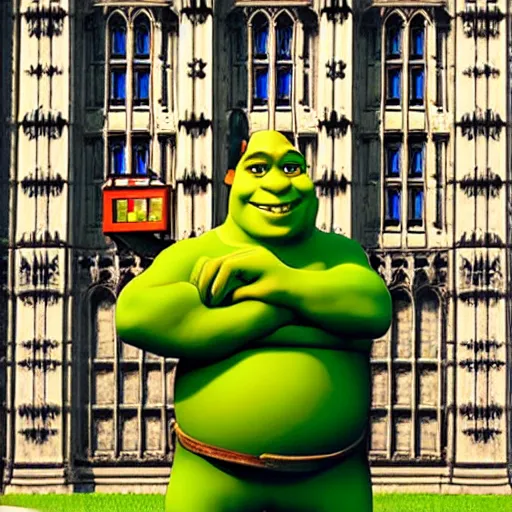 Image similar to shrek with a hammer next to the big ben