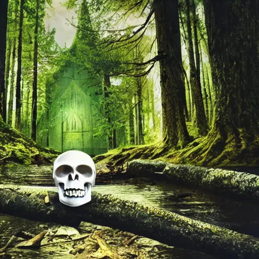 Image similar to a photo of a dream world, forest, river, skull, church