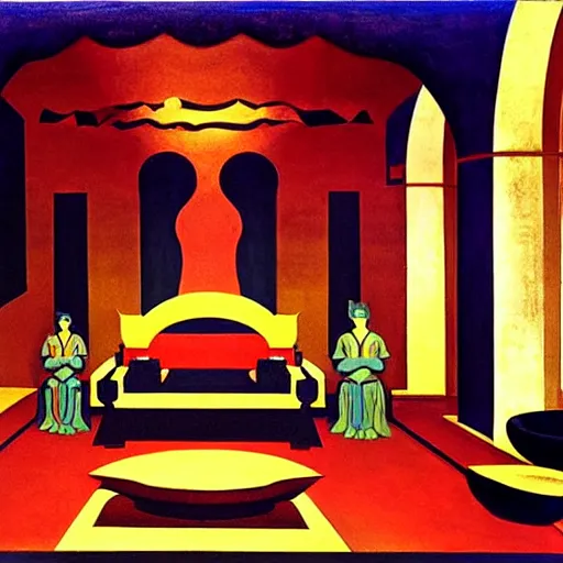 Prompt: an illustration of a throne room, by nicholas roerich, by frank frazetta by georgia o keeffe by frederick william elwell, by hans emmenegger, by eyvind earle highly detailed, realistic, outline, line work, fantasy, oriental, stylised flat colors, animation