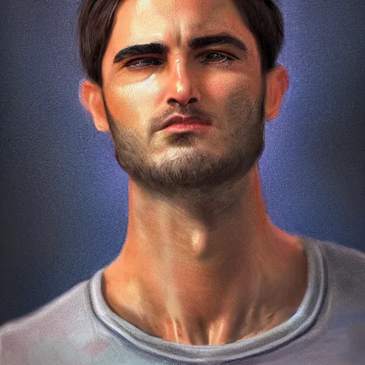 Image similar to photorealistic portrait of gerald darmanin gerald darmanin gerald darmanin gerald darmanin as a sad pathetic alpha male, immature, fantasy, ugly, depth of field, bokeh, soft focus, detailed, soft glow, caravagio, high contreast, art by artgerm