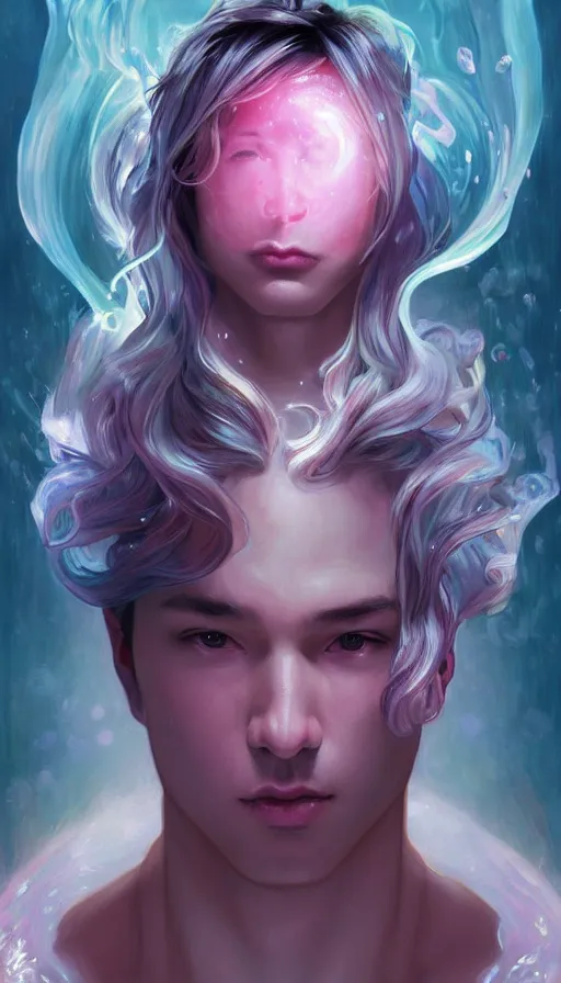 Image similar to man gets samsung galaxy 2 2, dreamy and ethereal, expressive pose, big pink eyes, exciting expression, fantasy, intricate, elegant, many rainbow bubbles, rose tones, highly detailed, digital painting, artstation, concept art, cyberpunk wearing, smooth, sharp focus, illustration, art by artgerm and greg rutkowskiand alphonse mucha
