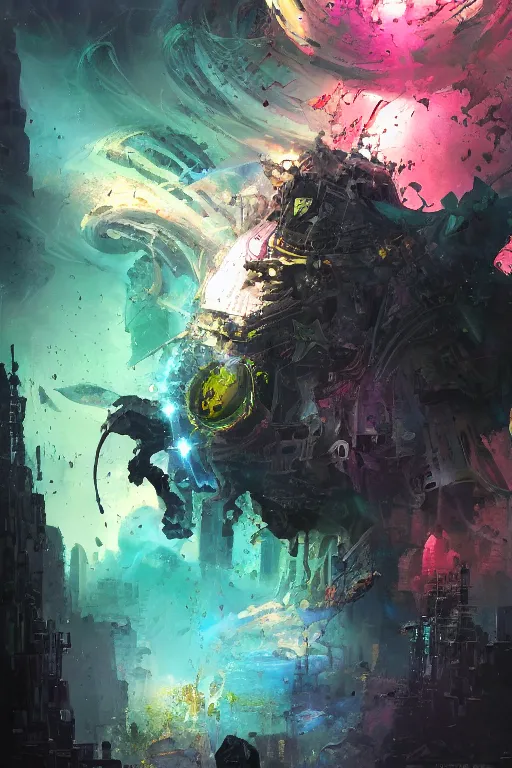 Image similar to ink acid shadow keeper, painted by erol otus and david thierree and dan adkins and john berkey, trending on artstation, volumetric lighting macro view muted colors, iridescent colors, dark academia, symbolism, brushwork