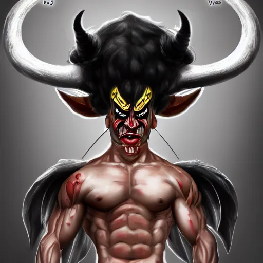 Image similar to muscular demon with white horns, white face, young, careless, focus on face, still, photograph, digital painting, trending on artstation, masterpiece, in the style of JB Casacop