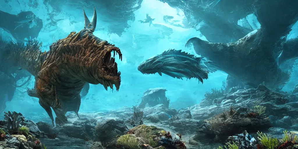 Image similar to underwater enviroment with a Melanocetus johnsonii boss creature , unreal 5, hyperrealistic, realistic, photorealistic, dynamic lighting, highly detailed, cinematic landscape, studio landscape, studio lighting