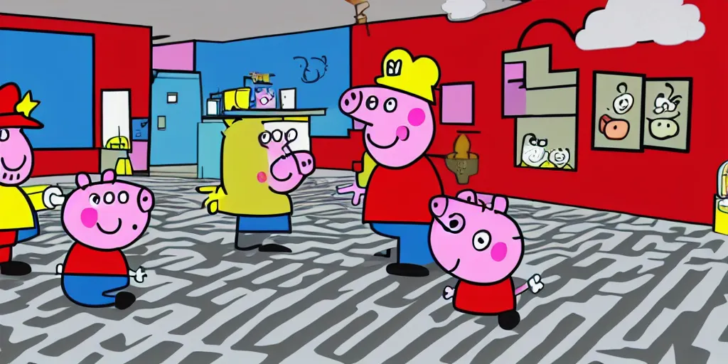 Prompt: peppa pig and Mario in twin peaks. black and white zig zag floor, david lynch, red room, agent cooper