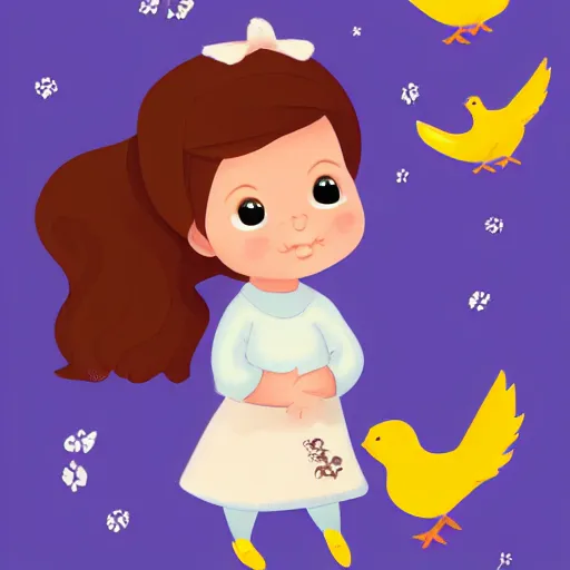 Image similar to a beautiful storybook illustration of cute little girl smiling with the little cute birds flying around her head, trending on artstation