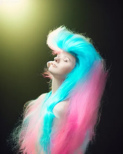 Image similar to a dramatic lighting photo of a beautiful young woman with cotton candy hair. with a little bit of cyan and pink