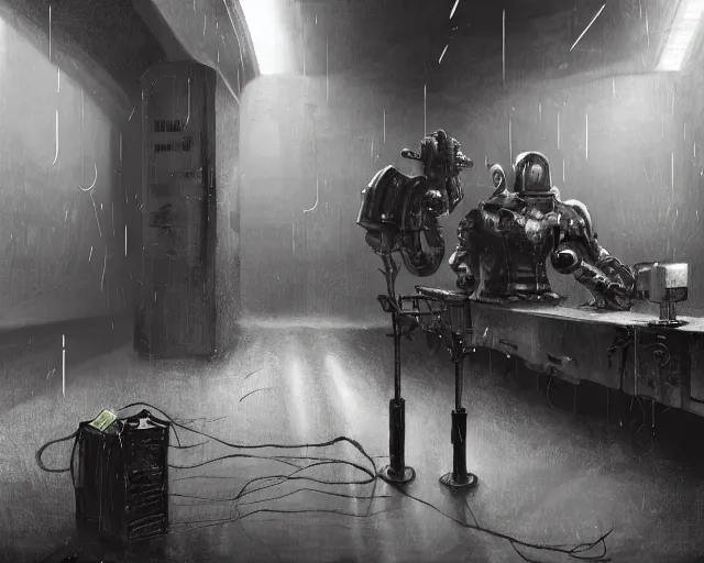 Image similar to gloomy colossal ruined server room in datacenter robot figure automata headless drone robot knight welder posing pacing fixing soldering mono sharp focus, emitting diodes, smoke, artillery, sparks, racks, system unit, motherboard, by pascal blanche rutkowski artstation hyperrealism cinematic dramatic painting concept art of detailed character design matte painting, 4 k resolution blade runner