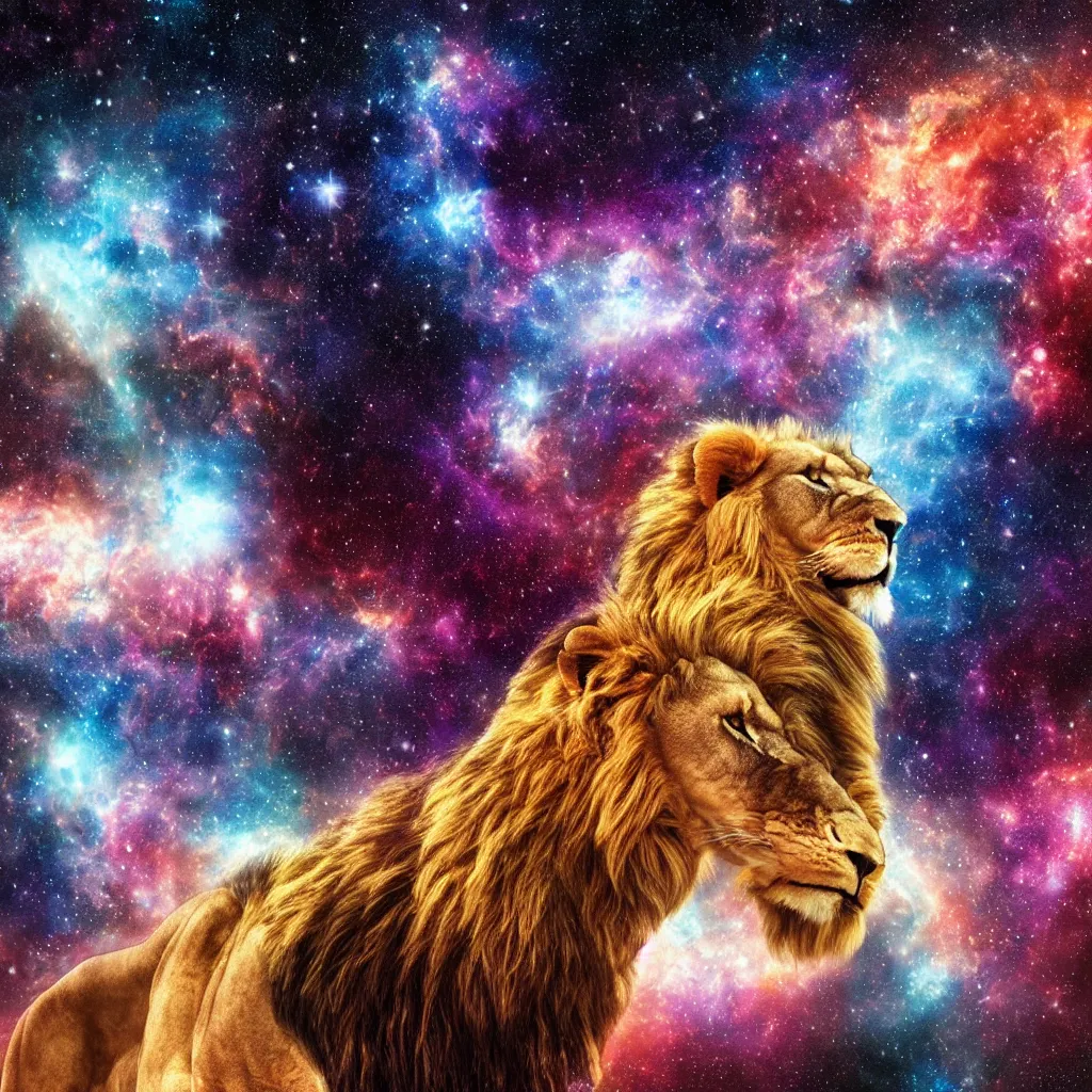 Image similar to lion in a galaxy made of stars, space, nebulas stars