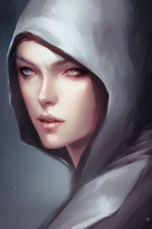 Prompt: « a portrait of a woman with a hood on, a digital painting by charlie bowater, featured on cgsociety, fantasy art, behance hd, wiccan, artstation hd »