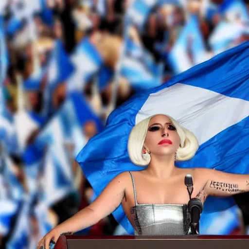 Image similar to Lady Gaga as president, Argentina presidential rally, Argentine flags behind, bokeh, giving a speech, detailed face, Argentina