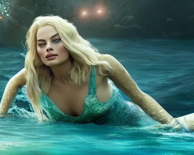 Prompt: Margot Robbie as a mermaid in the water, realistic face, sexy look, cinematic, 4k, hyper realistic, super detailed