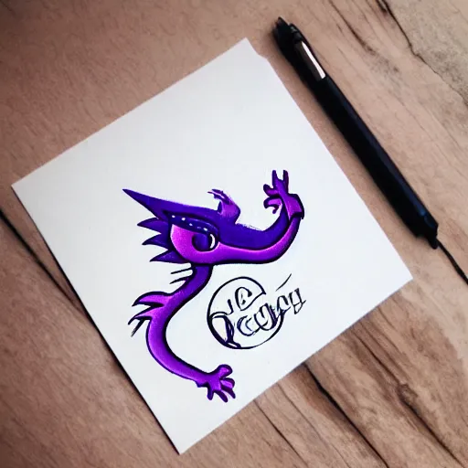 Prompt: very cute small purple dragon with well-designed head and four legs, 2d minimalism, logo, ink