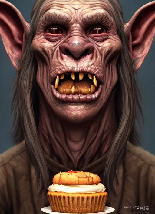 Image similar to profile face portrait of a medieval goblin eating cakes in the cloisters, beautiful face, hyper realistic, highly detailed, digital painting, artstation, illustration, concept art by hyung tae and frank frazetta, digital paint, matte paint, washed colors, dark, gloomy