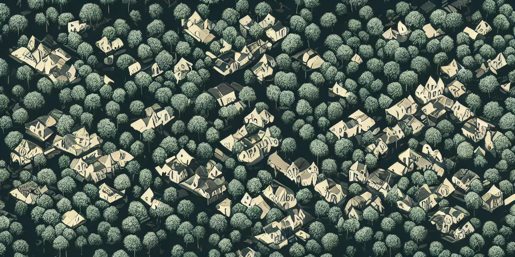 Prompt: cinematic high contrast graphic illustration of a hyper detailed village in the treetops