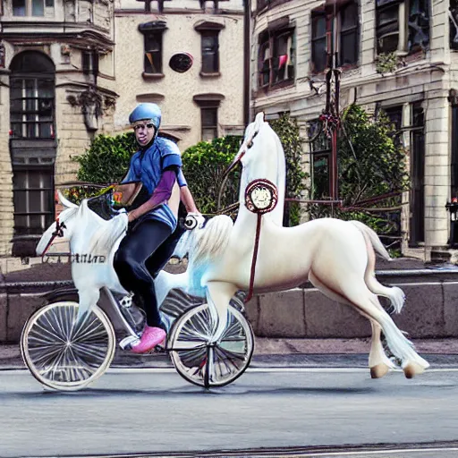 Prompt: two unicorns riding bikes in city streets, photoreal