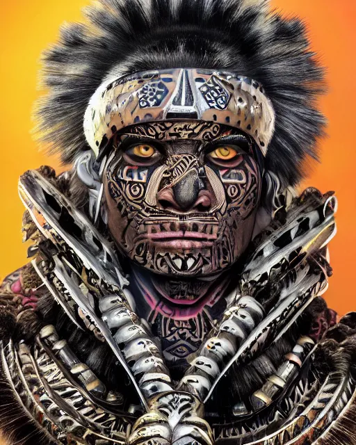 Image similar to editorial photo portrait of aztec jaguar warrior with glowing tribal futuristic tattoos on face, warrior body, photo by mario testino, cinematic, hyper detailed, micro details, insanely detailed, trending on artstation, concept art, insanely detailed and intricate