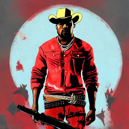 Image similar to kanye west in stephen bliss illustration red dead redemption 2 artwork of kanye west, in the style of red dead redemption 2 loading screen, by stephen bliss