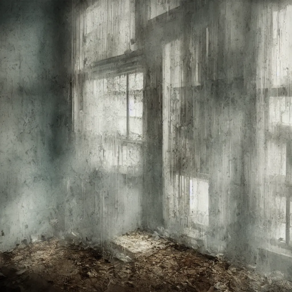 Prompt: an air conditioner above a window in a teenager's room flooding dirty water, blurred, faded, depth of field, sunny, ultra realistic, very detailed, by gerhard richter, neo rauch and nadav kander, 8 k hyper realistic detailed cinematic still