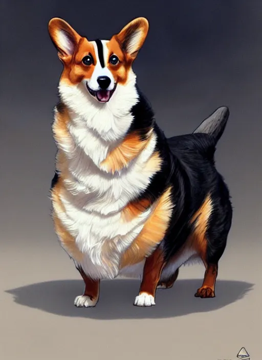 Image similar to a pembroke welsh corgi and a tuxedo cat, intricate, elegant, hyper detailed, ultra definition, photoreal, artstation, unreal engine rendered, concept art, smooth, sharp focus, illustration, art by artgerm and greg rutkowski and alphonse mucha and garis edelweiss