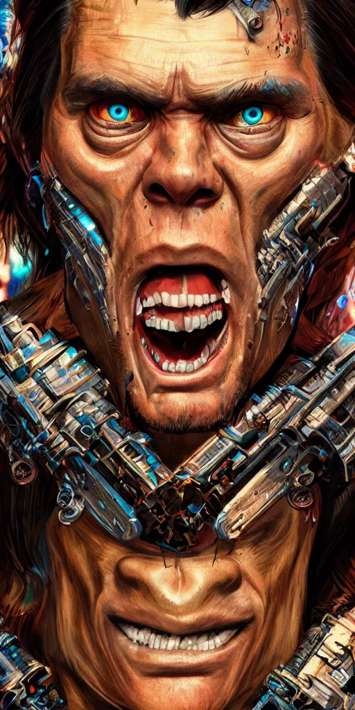 Image similar to Jim Carrey cyborg warrior, insane, intricate, highly detailed, digital painting, artstation, concept art, smooth, sharp focus, illustration, Unreal Engine 5, 8K