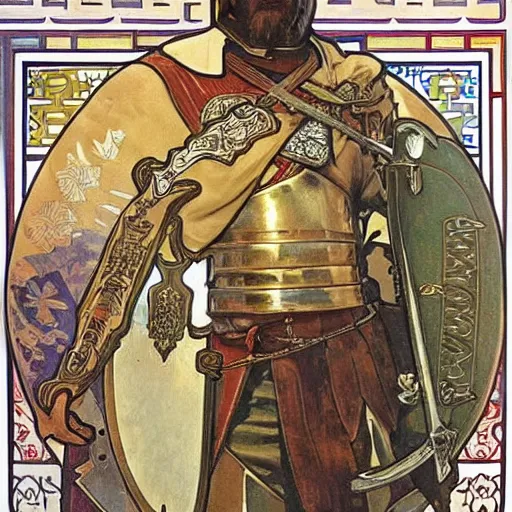 Image similar to germania in full plate armour, sword, shield, painted by alphonse mucha