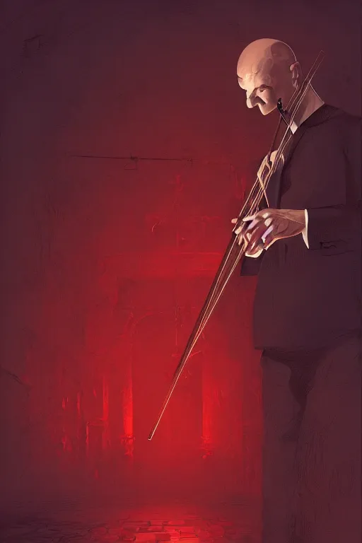 Image similar to an expressive portrait of agent 4 7 playing the violin in a monastery, dark background, red rim light, digital art, artstation, concept art by giger stalenhag