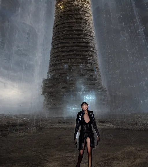 Image similar to tarkovsky greatest scene, the ancient destroyed majestic tower of babylon, woman in futuristic cyber clothing, transparent puffer jacket, hyper realistic, virtual background, cyber world, ambient lighting, concept art, intricate, hyper detailed, smooth, dynamic volumetric lighting, octane, ray trace, cinematic, high quality, high resolution, 4 k, cgsociety