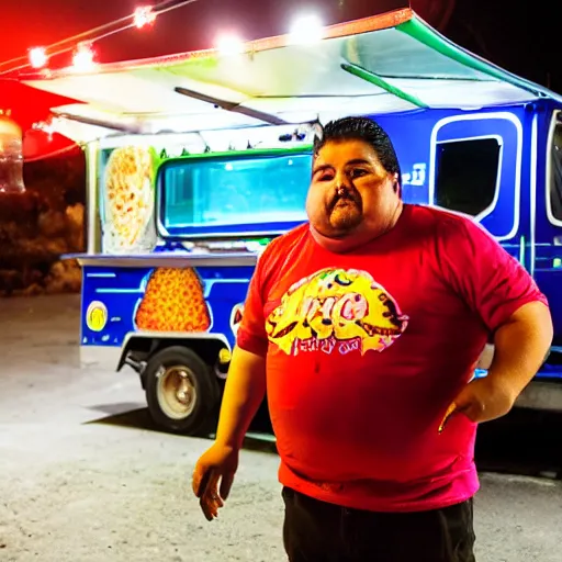 Image similar to obese mexican man showing off tacos de birria next to a food truck in the night, amateur photography with flash,