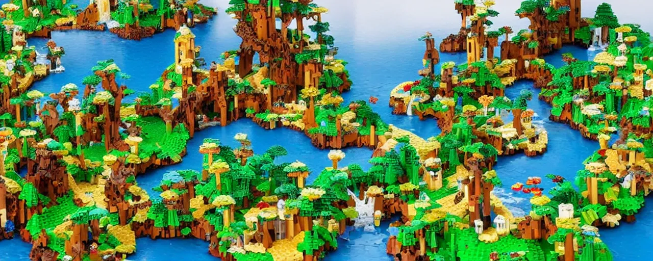 Prompt: Medieval beautiful enchanted landscape with trees, flourishing nature, lakes and waterfalls, made of LEGO, in the style of LEGO