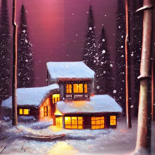 Prompt: snowy forest night scene cyberpunk cottage surrounded by the woods with one illuminated window, dark contrast oil painting