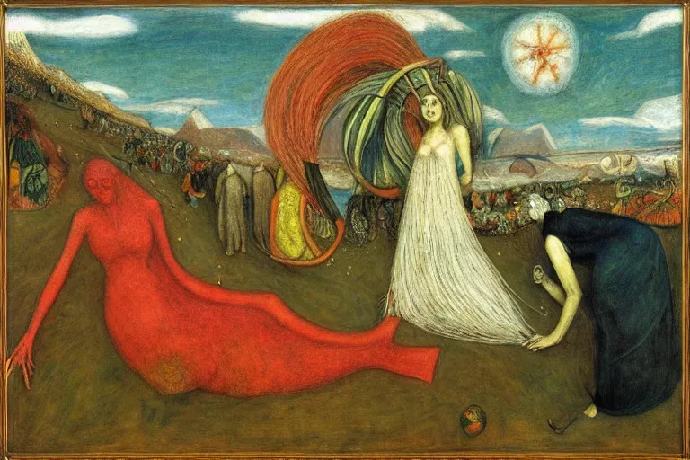 Prompt: the wake of the unseen object,by Leonora Carrington and ford madox brown, symbolist, dramatic lighting, elaborate geometric ornament, cool blue and green colors, Art Brut, smooth, sharp focus, extremely detailed