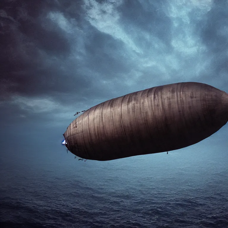 Image similar to a dirigible made of dark matter cruising the depth of the sea , cinematic lighting, photorealistic image, 8k, ultra detailed, high resolution,