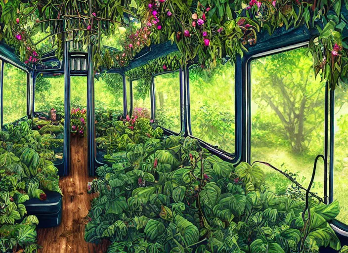 Prompt: A beautiful interior of an overgrown bus full of lush plants, rich vines and verdant flowers, detailed, sharp, digital art, trending on Artstation, thick atmosphere