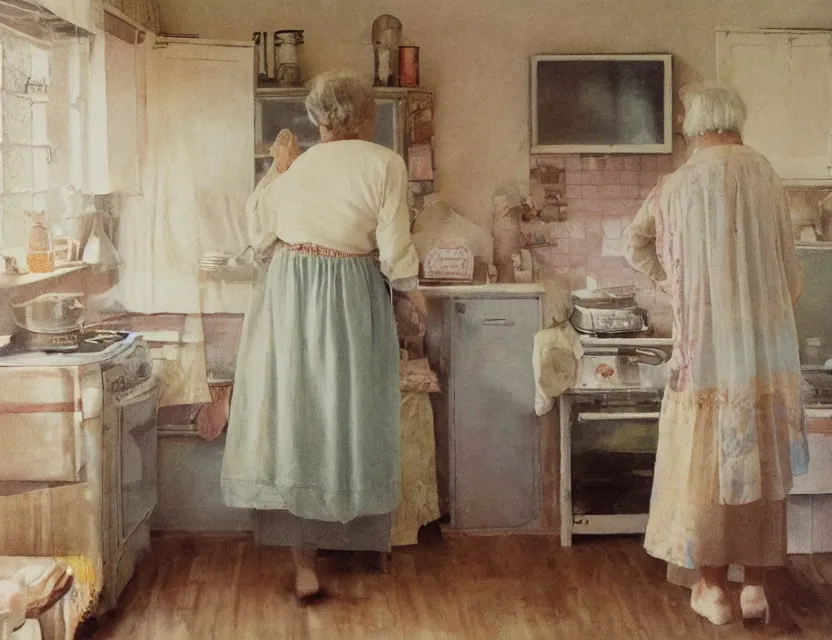 Image similar to grandmother cooking in a kitchen in country house, back view, cottage core, cinematic focus, polaroid photo bleached vintage pastel colors high - key lighting, soft lights, foggy, by steve hanks, by lisa yuskavage, by serov valentin, by tarkovsky, 8 k render, detailed, oil on canvas