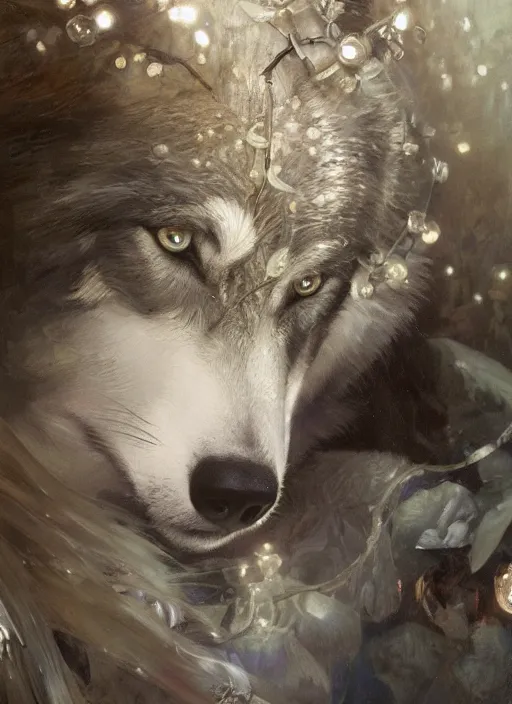 Prompt: wolf hyperrealistic portrait, surrounded by silver wires, dripping moonstone and white nightshade flowers, by jeremy mann and alphonse mucha, fantasy art, photo realistic, dynamic lighting, artstation, poster, volumetric lighting, dramatic light, very detailed faces, 8 k, award winning
