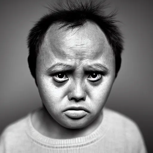 Prompt: portrait of down syndrome xqc, taken by steve mccurry, sharp focus, 4 k editorial photograph, soft lighting, black background