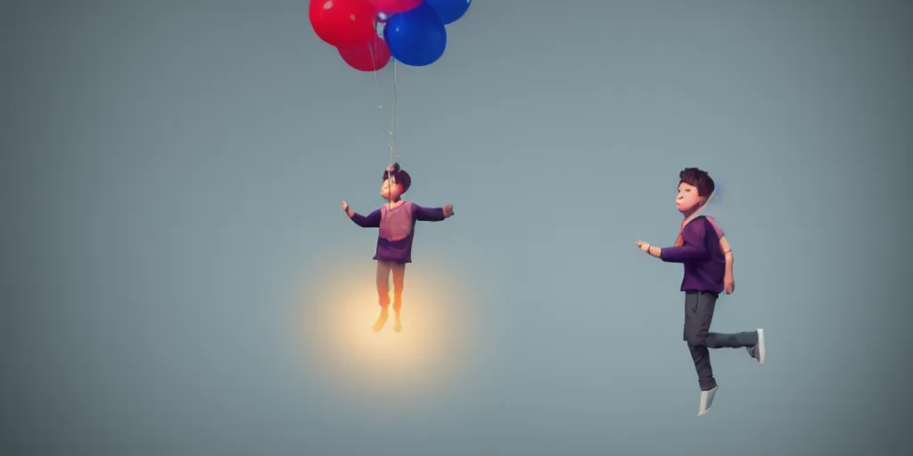 Prompt: boy floating away with a ballon, trending on artstation, award winning, volumetric lighting