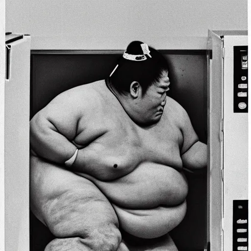 Image similar to photograph of a sumo wrestler trapped inside of a microwave