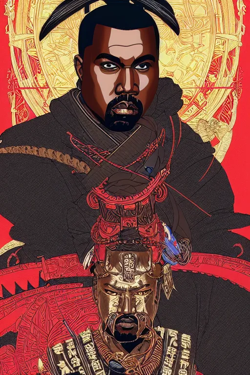 Image similar to poster of kanye west as a samurai, by yoichi hatakenaka, masamune shirow, josan gonzales and dan mumford, ayami kojima, takato yamamoto, barclay shaw, karol bak, yukito kishiro